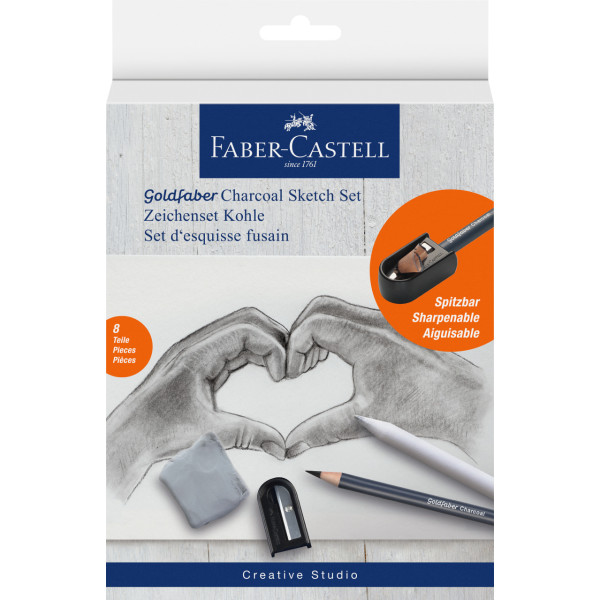 photo-Crayons fusain + taille-crayons + estompe + gomme mie de pain - Faber-Castell - Goldfaber