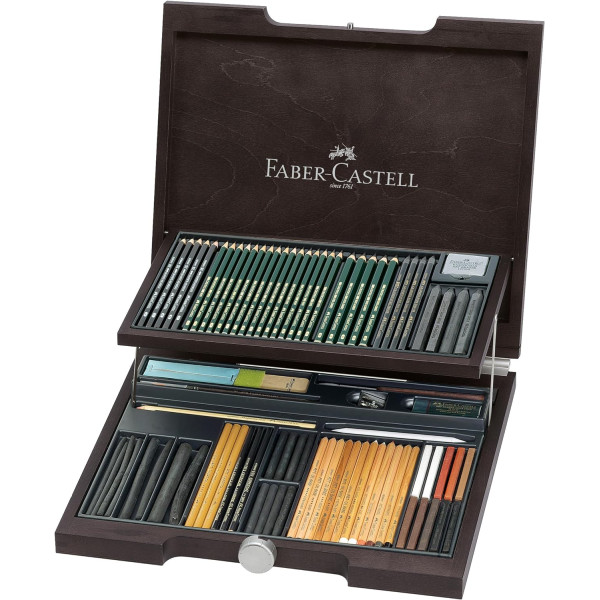 photo-Coffret bois - 76 pièces - Crayons graphite, fusain, sanguine et accessoires - Faber-Castell