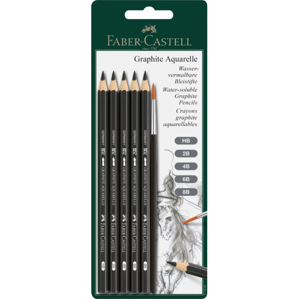 photo-5 crayons graphite - Aquarellable - HB,2B,4B,6B,8B - Pinceau inclus - Faber-Castell