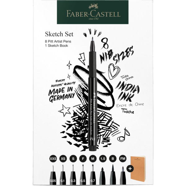photo-8 feutres + carnet croquis - Noir - Faber-Castell - Pitt Artist Pens - 8 pointes
