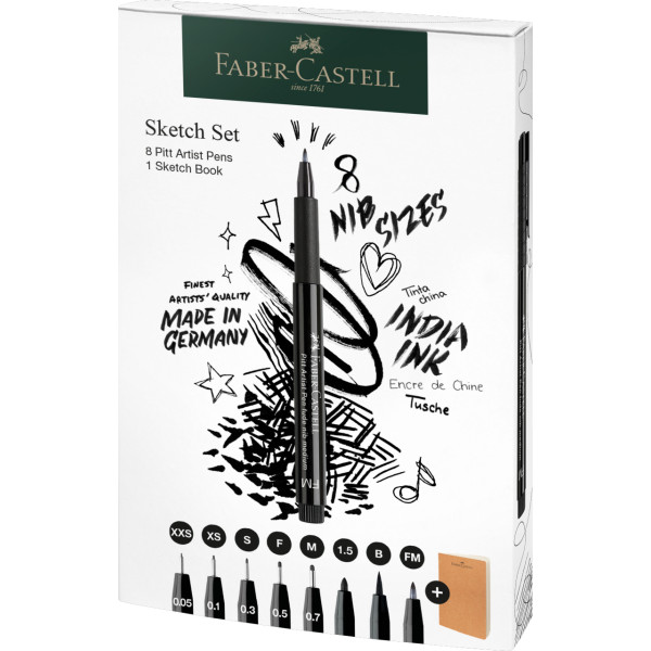 8 feutres + carnet croquis - Noir - Faber-Castell - Pitt Artist Pens - 8 pointes