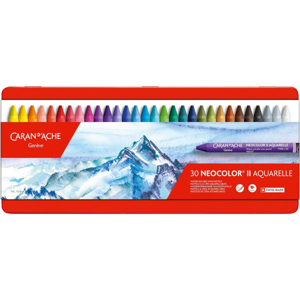photo-Pastels à la cire - Aquarellables - Caran d'Ache - Neocolor II - Boîte métal 30 couleurs
