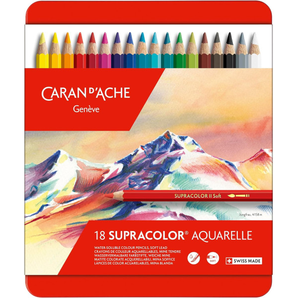 photo-Crayons de couleur - Aquarellable - Caran d'Ache - Supracolor - Boîte 18 couleurs
