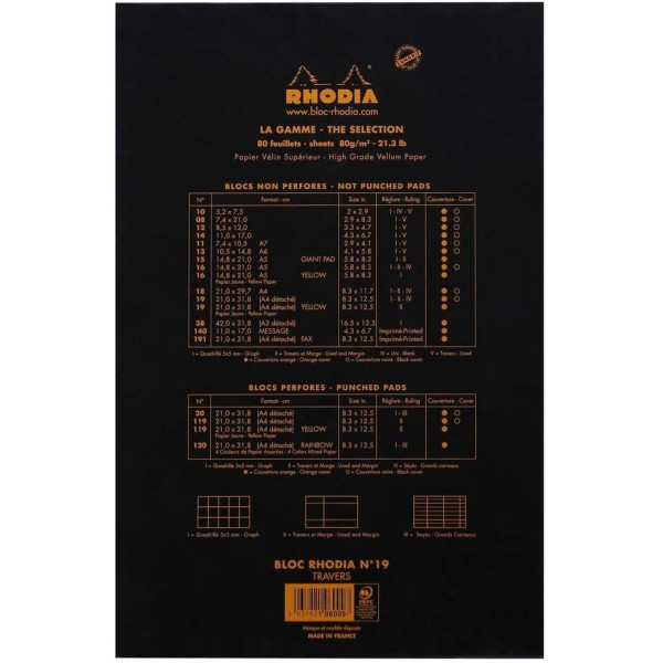Bloc notes - A4+ - 21x31,8 cm - Lignes - 80 feuilles - Noir - Rhodia