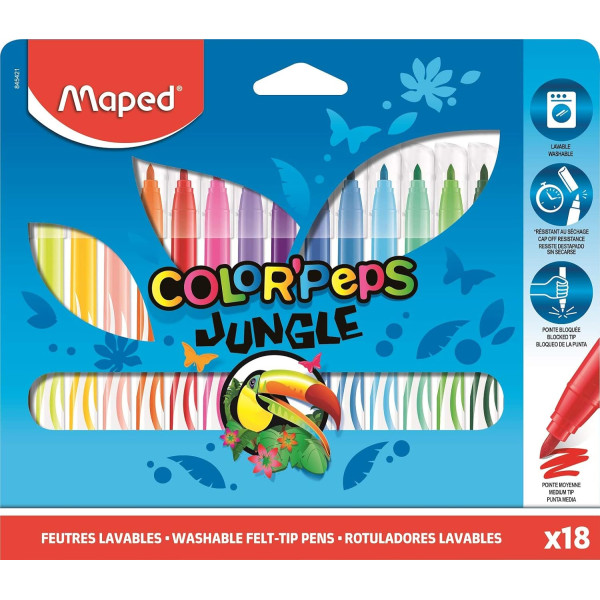 photo - 18 Feutres de coloriage - Enfant - Pointe moyenne - Encre lavable - Maped - Color peps jungle