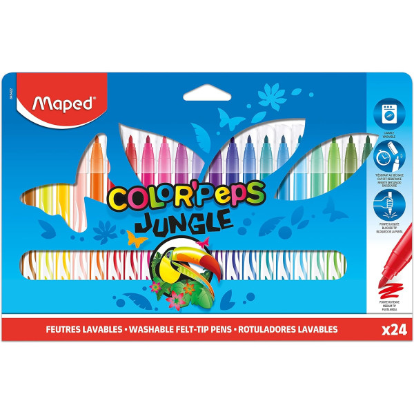 24 Feutres de coloriage - Pointe moyenne - Encre lavable - Maped - Color'peps jungle