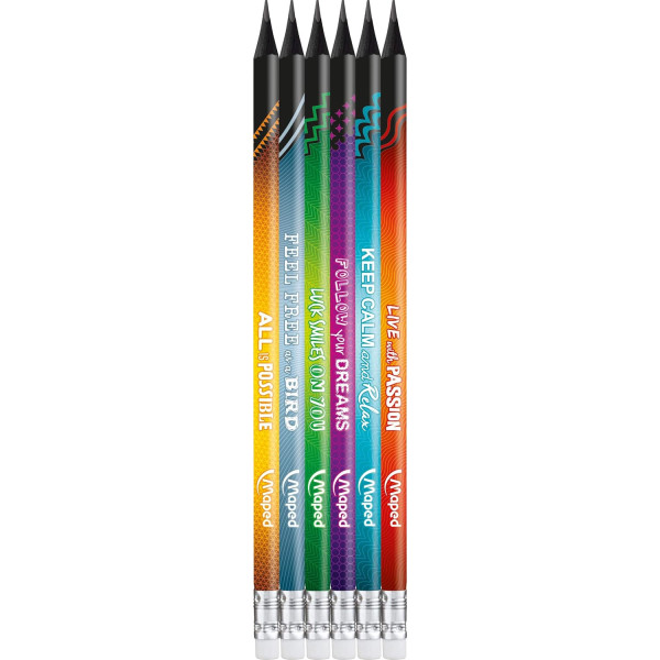photo-6 crayons graphite - HB - Avec embout gomme - Scolaire - Maped Black'Peps