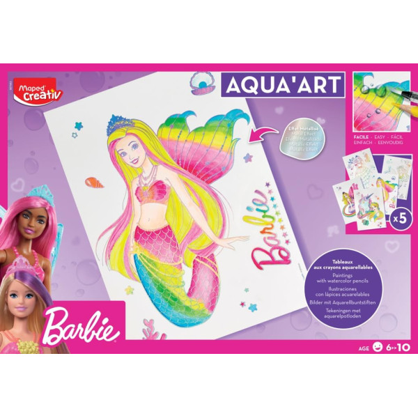 photo-Coffret coloriage - Barbie - Peinture aquarelle - 5 affiches + 18 crayons - Maped