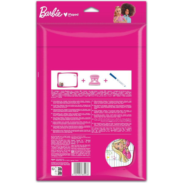 Ardoise blanche - Effaçable - Inclus feutre + brosse - 2 faces - Barbie x Maped