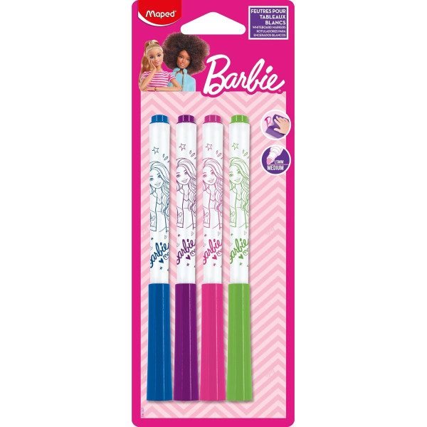 photo-4 feutres effaçables à sec - Pour ardoise - Pointe moyenne - Bleu, vert, rose, violet - Barbie x Maped
