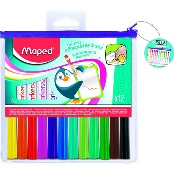 photo-12 feutres effaçables - Pour ardoise - Pointe moyenne - Couleurs assorties - Maped