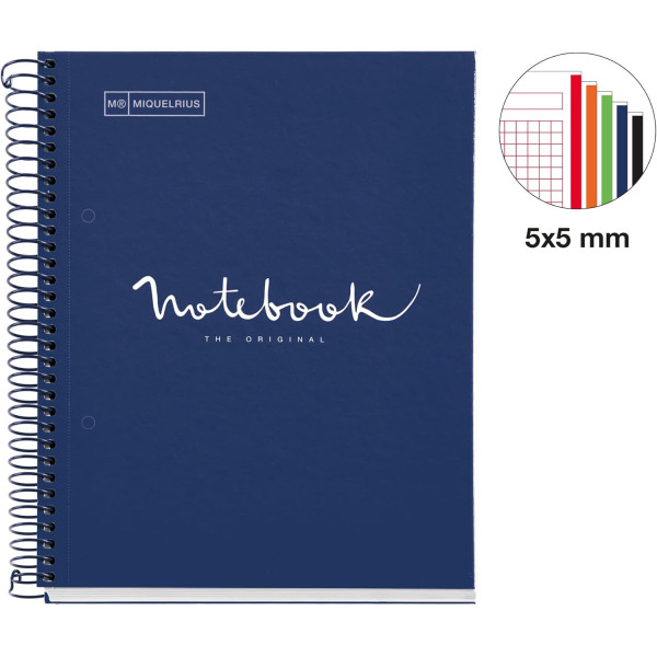 Cahier - Carnet - A5 - Spirales - Petits carreaux - 240 pages perforées - Bleu marine