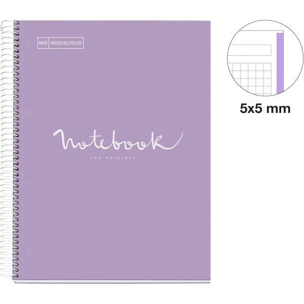Cahier - A4 - Spirales - Petits carreaux - 160 pages perforées - Lavande - Couverture carton