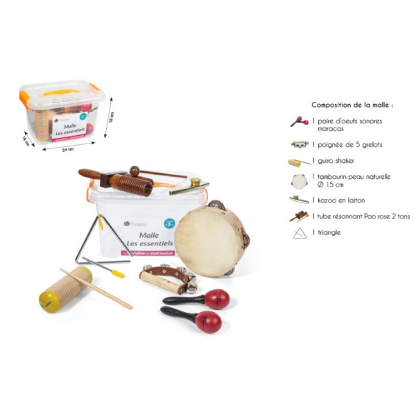 7 instruments de musique - Tambourin - Maracas - Triangle - Kazoo - Grelots - Mallette