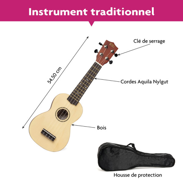 Ukulélé - Guitare - Instrument de musique - Bois naturel - Avec housse - Fuzeau