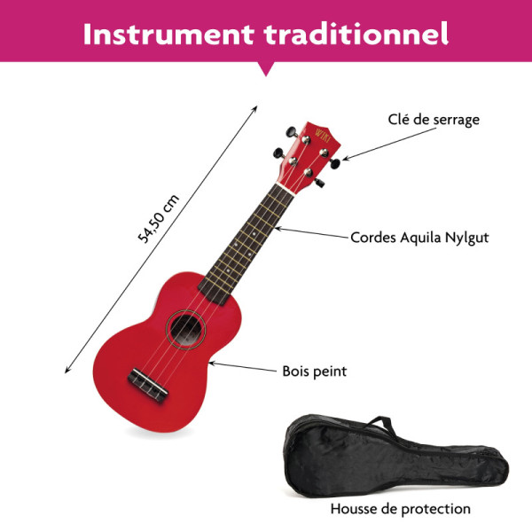 Ukulélé - Guitare - Instrument de musique - Rouge - Bois naturel - Avec housse - Fuzeau
