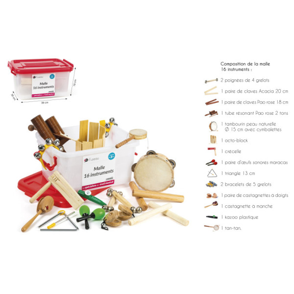 16 instruments de musique - Percussions - Bois, peau, fer - Enfant dès 3 ans