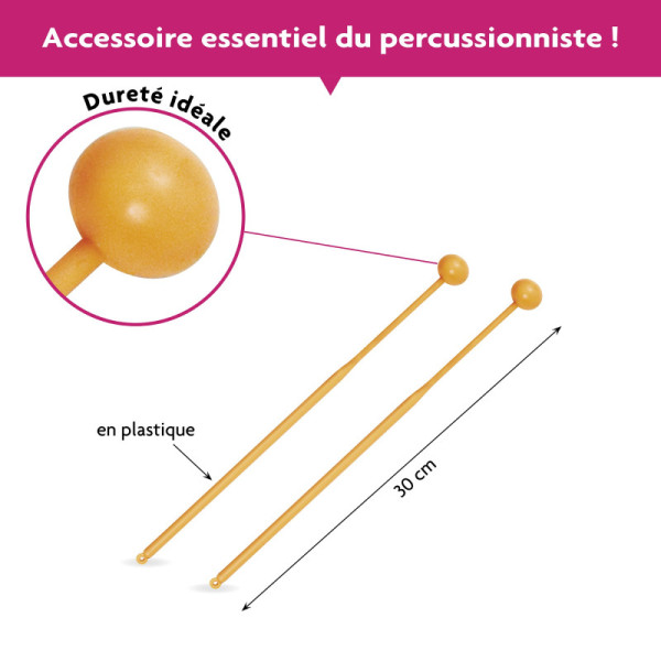 Paire de baguettes - Mailloche pour carillon, xylophone - Tête en plastique - 30 cm