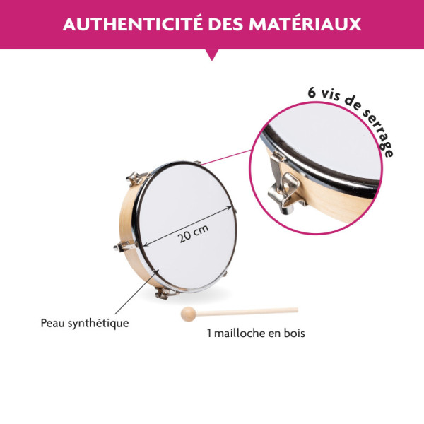 Tambourin - Instrument de musique - 20cm diamètre - Enfant dès 4 ans