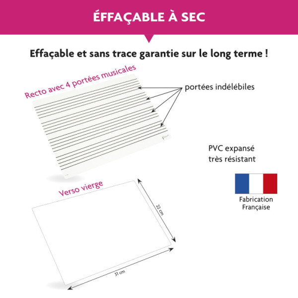 Ardoise effaçable - Avec portées musicales - 32 x 22 cm - 1 face - Apprentissage solfège