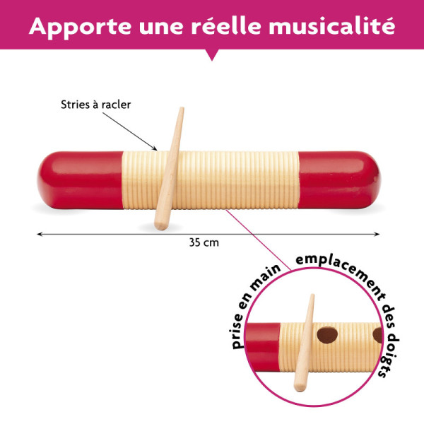 Guiro - Instrument de musique en bois - Percussion - 35cm - Enfant dès 7 ans