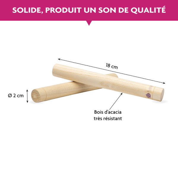 Claves en bois - 18 cm - Instrument de musique - Lot de 2 - Pour enfant dès 3 ans