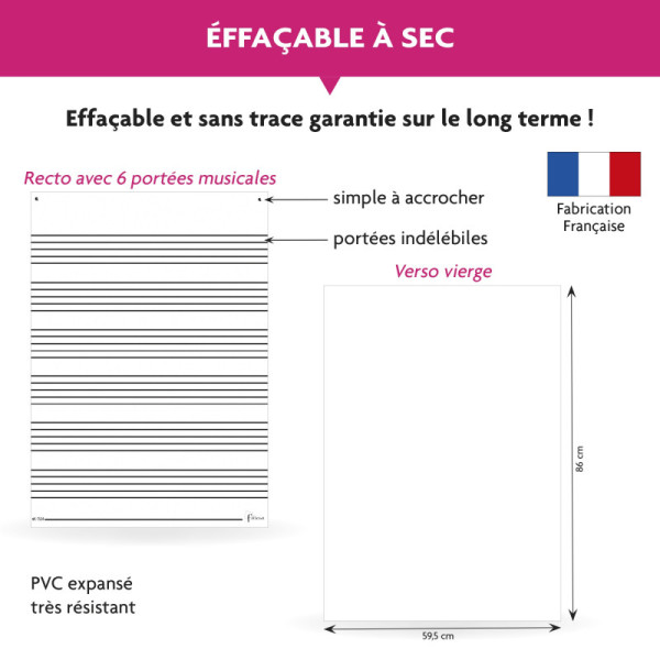Ardoise effaçable - Avec portées musicales - 86 x 59,5cm - 1 face - Apprentissage solfège