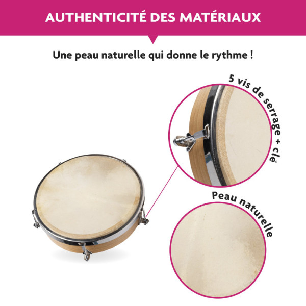 Tambourin - A frapper - Diamètre 20 cm - Instrument de musique - Dès 4 ans