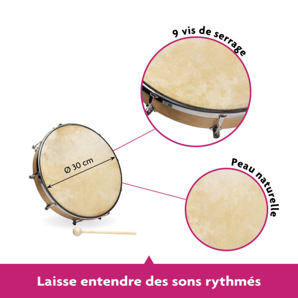 Tambourin - A frapper - Diamètre 30 cm - Instrument de musique - Dès 7 ans