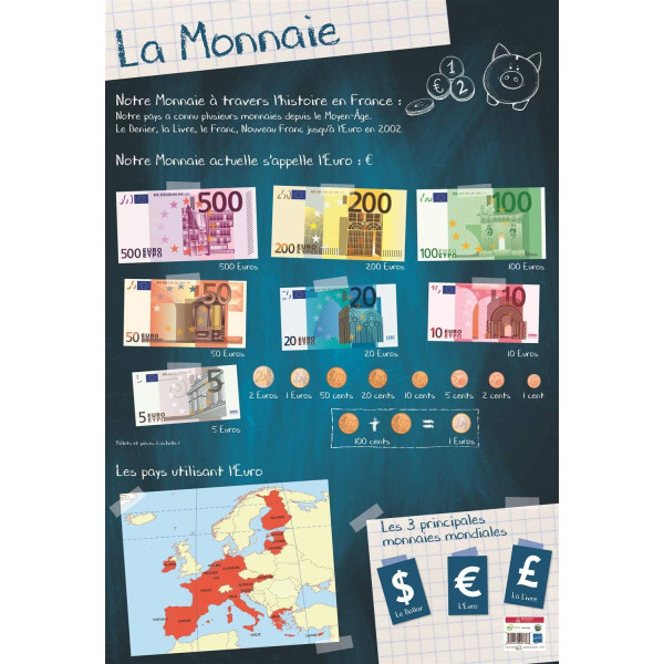 photo-Poster pédagogique - J'apprends la monnaie, l'euro - 52x76cm - A afficher - Bouchut