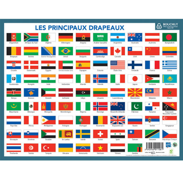 Fiche mémo - Carte du monde et drapeaux - 2 faces - 20,5x26,5cm - Scolaire - Bouchut