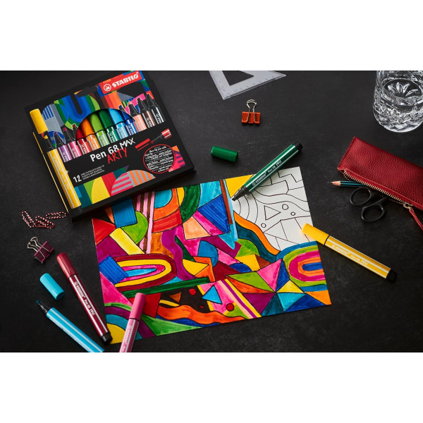 Feutres de dessin - Stabilo - Pen 68 Max - Pointe large - 12 couleurs - Gamme Arty