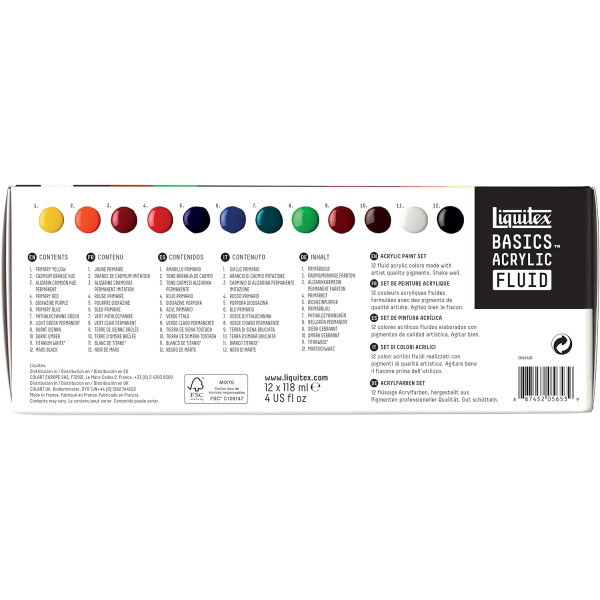 Peinture acrylique - Liquitex - Basics Acrylic Fluid - 12 couleurs - Flacons 118ml