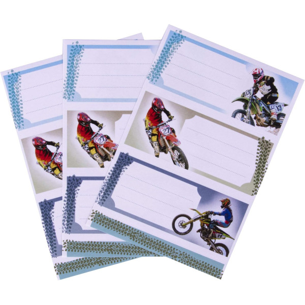 Etiquettes scolaires - Pour cahiers, livres - Motos - 34x80mm - 9 étiquettes