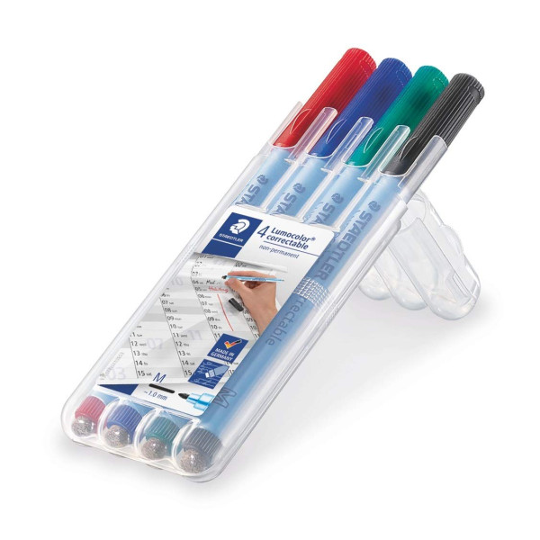 4 feutres - Non permanent - Effaçable à sec - Pointe moyenne - Noir, vert, bleu, rouge - Lumocolor - Staedtler