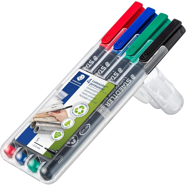 4 feutres - Indélébile - Permanent - Noir Bleu Rouge Vert - Pointe fine - Lumocolor - Staedtler