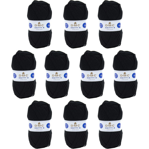 photo-10 pelotes - 100% acrylique - Noir - 965 - 50g - 140m - DMC - Knitty 4 - Tricot