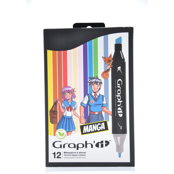 photo-Marqueurs à alcool - Double pointe - Dessin, illustration, manga - 12 couleurs - Graph'it