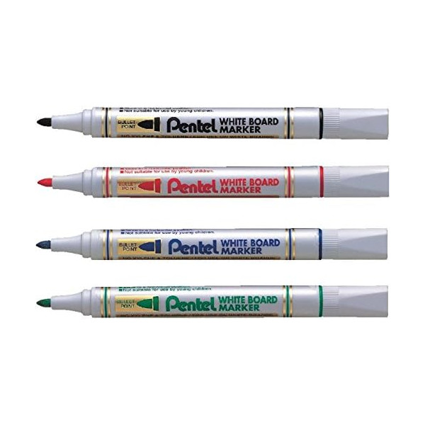 4 feutres effaçables - Noir, bleu, rouge et vert - Tableau et ardoise - Pointe moyenne - Pentel