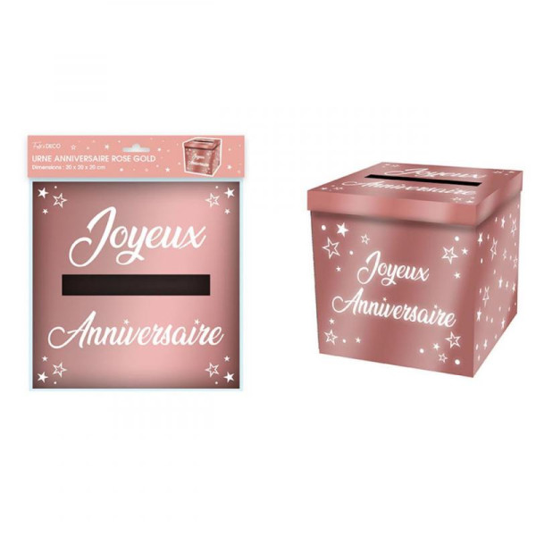 photo-Urne - Joyeux anniversaire - Rose or métallisé - 20x20x20cm - Carton - A monter - Cagnotte