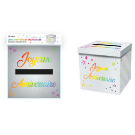 photo-Urne - Joyeux anniversaire - Multi couleur métallisé - 20x20x20cm - Carton - A monter - Cagnotte