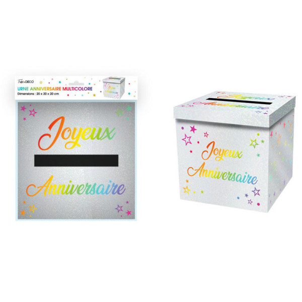 photo-Urne - Joyeux anniversaire - Multi couleur métallisé - 20x20x20cm - Carton - A monter - Cagnotte