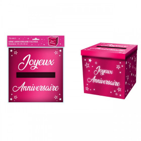 photo-Urne - Joyeux anniversaire - Rose métallisé - 20x20x20cm - Carton - A monter - Cagnotte