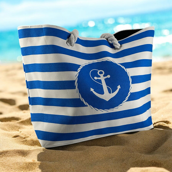 Sac de plage - Rayures blanc/bleu - Marina Collection - Anses tissus - 31x46x14cm