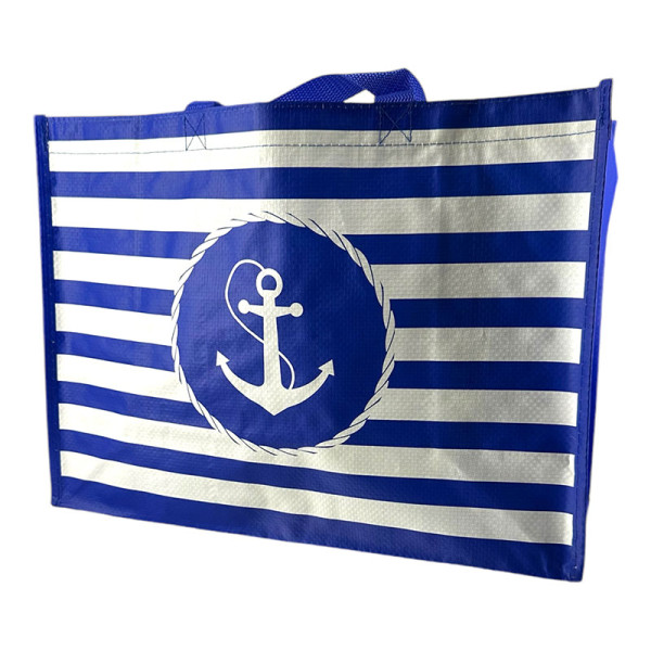 Sac de courses - Cabas - PVC - 2 anses tissus - Rayures blanc/bleu - 42x30x17cm