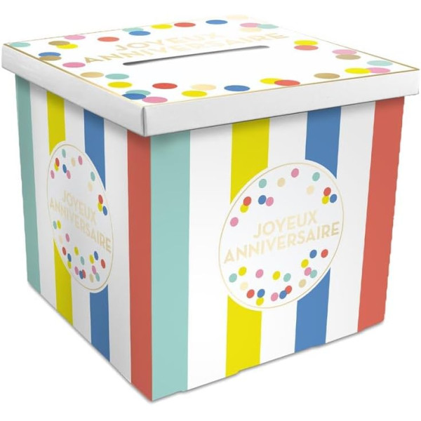 photo - Urne - Rayures et pois - Multicolore - Joyeux anniversaire - Cagnotte - Carton - 20x20x20cm - Festi Party