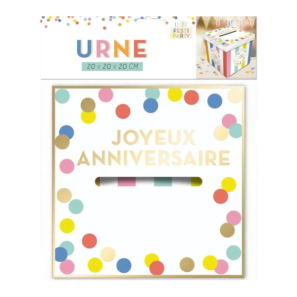 Urne - Rayures et pois - Multicolore - Joyeux anniversaire - Cagnotte - Carton - 20x20x20cm - Festi Party