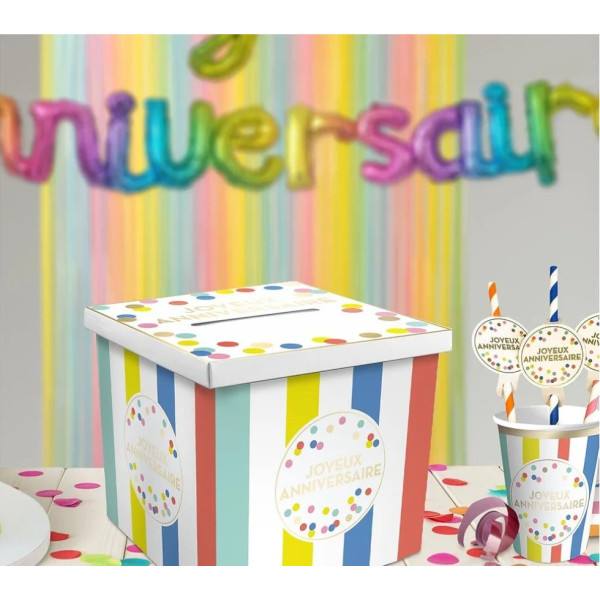 Urne - Rayures et pois - Multicolore - Joyeux anniversaire - Cagnotte - Carton - 20x20x20cm - Festi Party