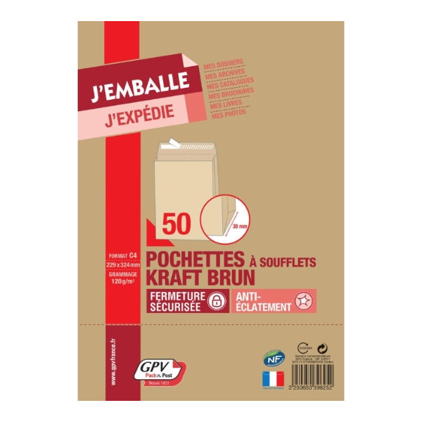 photo-Enveloppes - Kraft - C4 - 229x324mm - A soufflets - Auto adhésive - Lot de 50 - GPV