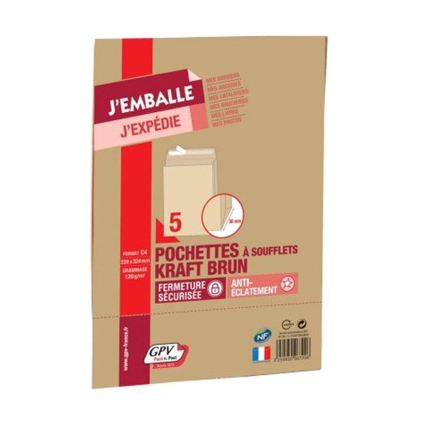 photo-Enveloppes - Kraft - C4 - 229x324mm - Soufflets - Auto adhésive - Lot de 5 - GPV